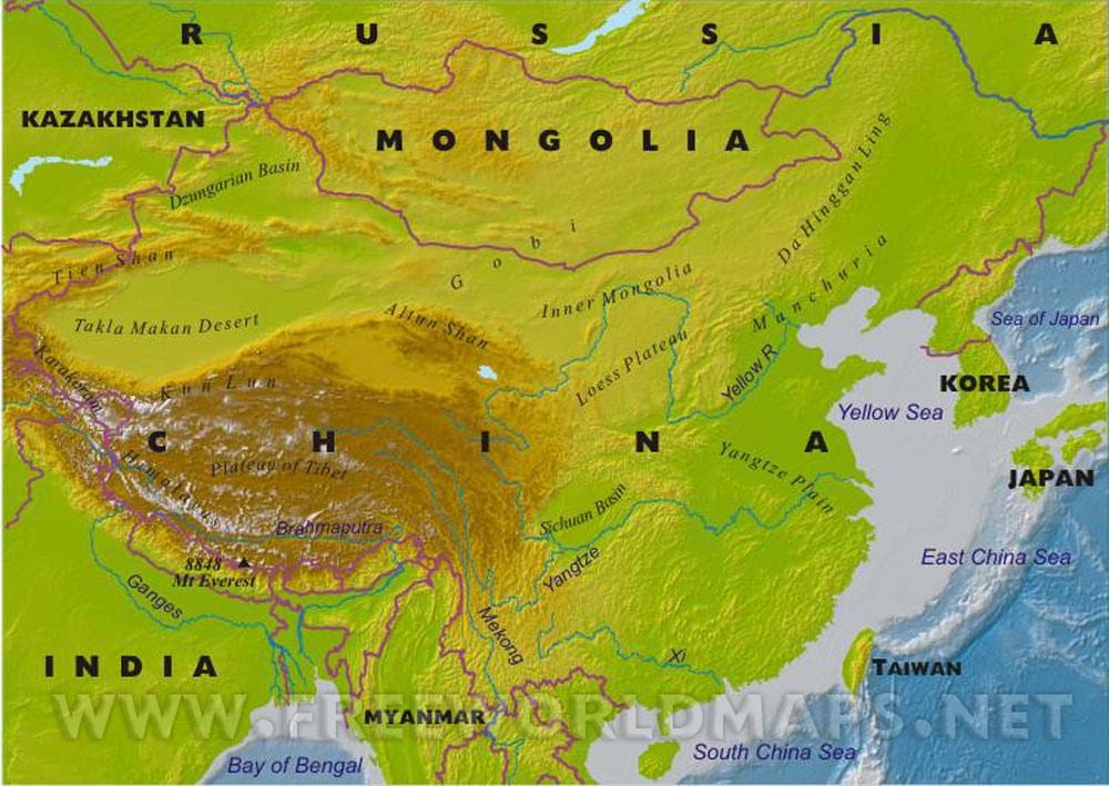 mapu Číny s geografické prvky