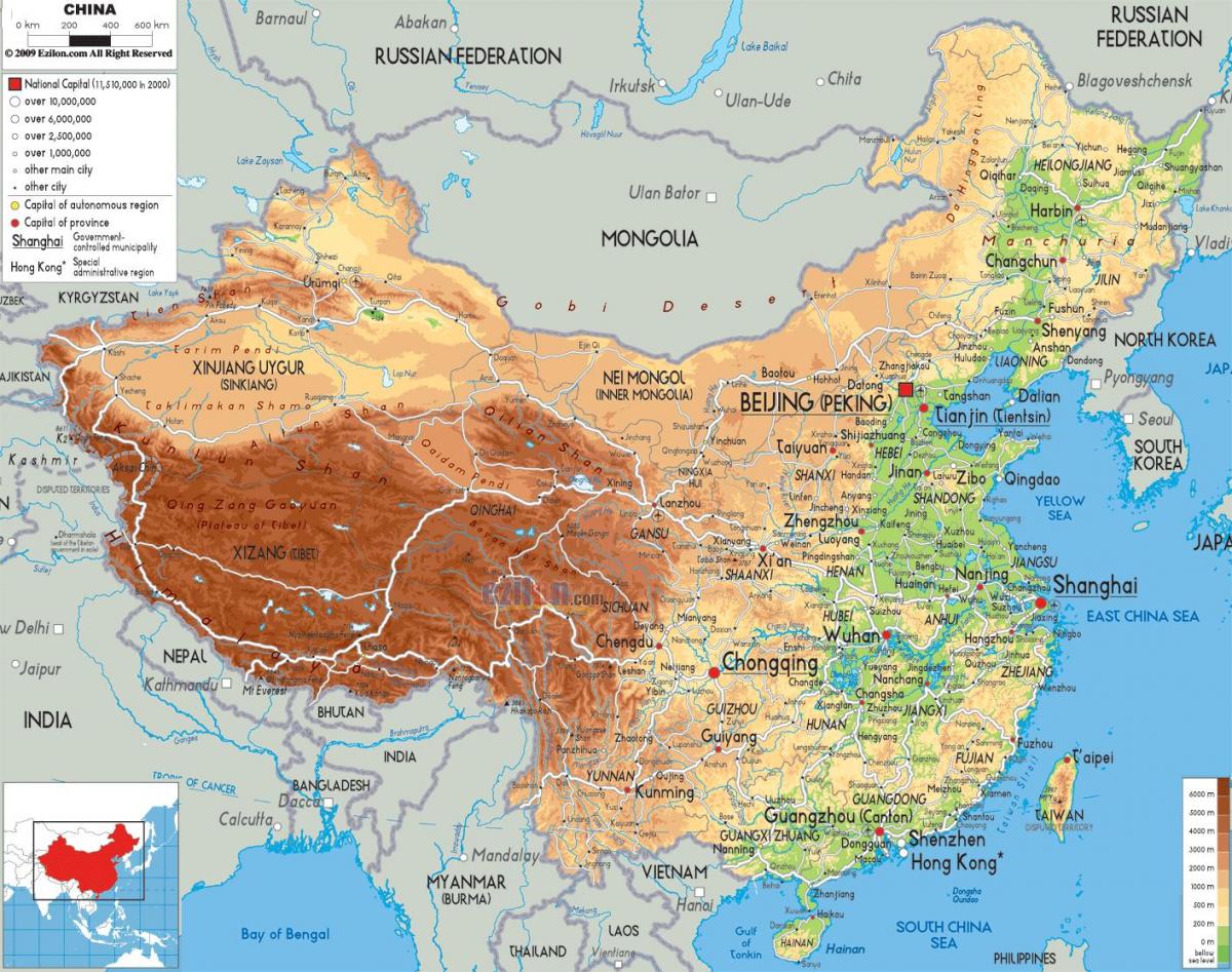 fyzické mapu Číny