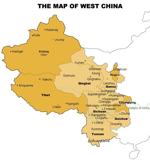 mapa západnej Číne